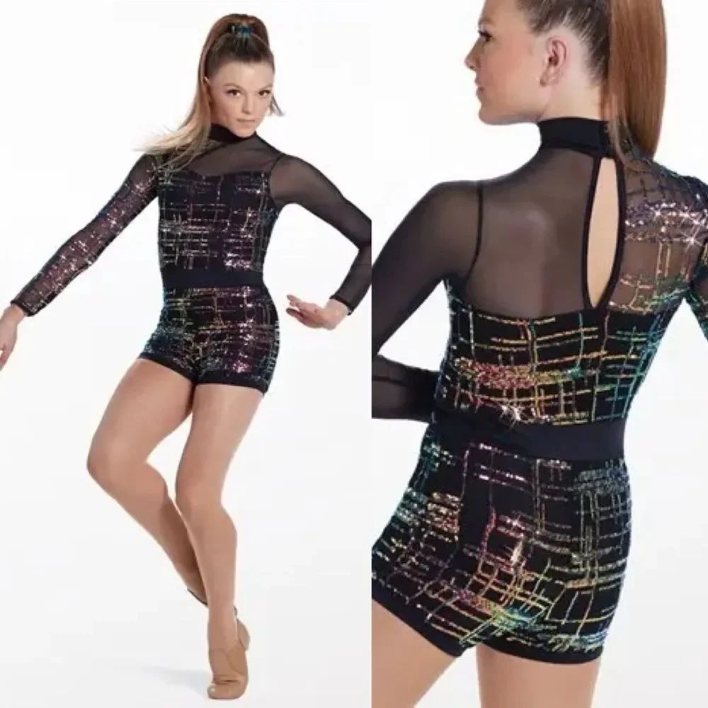 WEISSMAN Dance Costume black sequin mash biketard Don't Stop Me Now 14690 MC